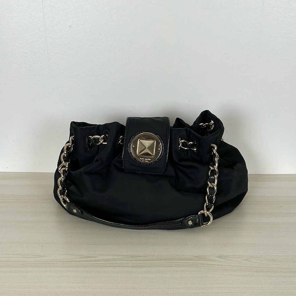 Kate Spade New York Canvas Black Handbag Chain Link Strap 3 Inside Pockets Purse